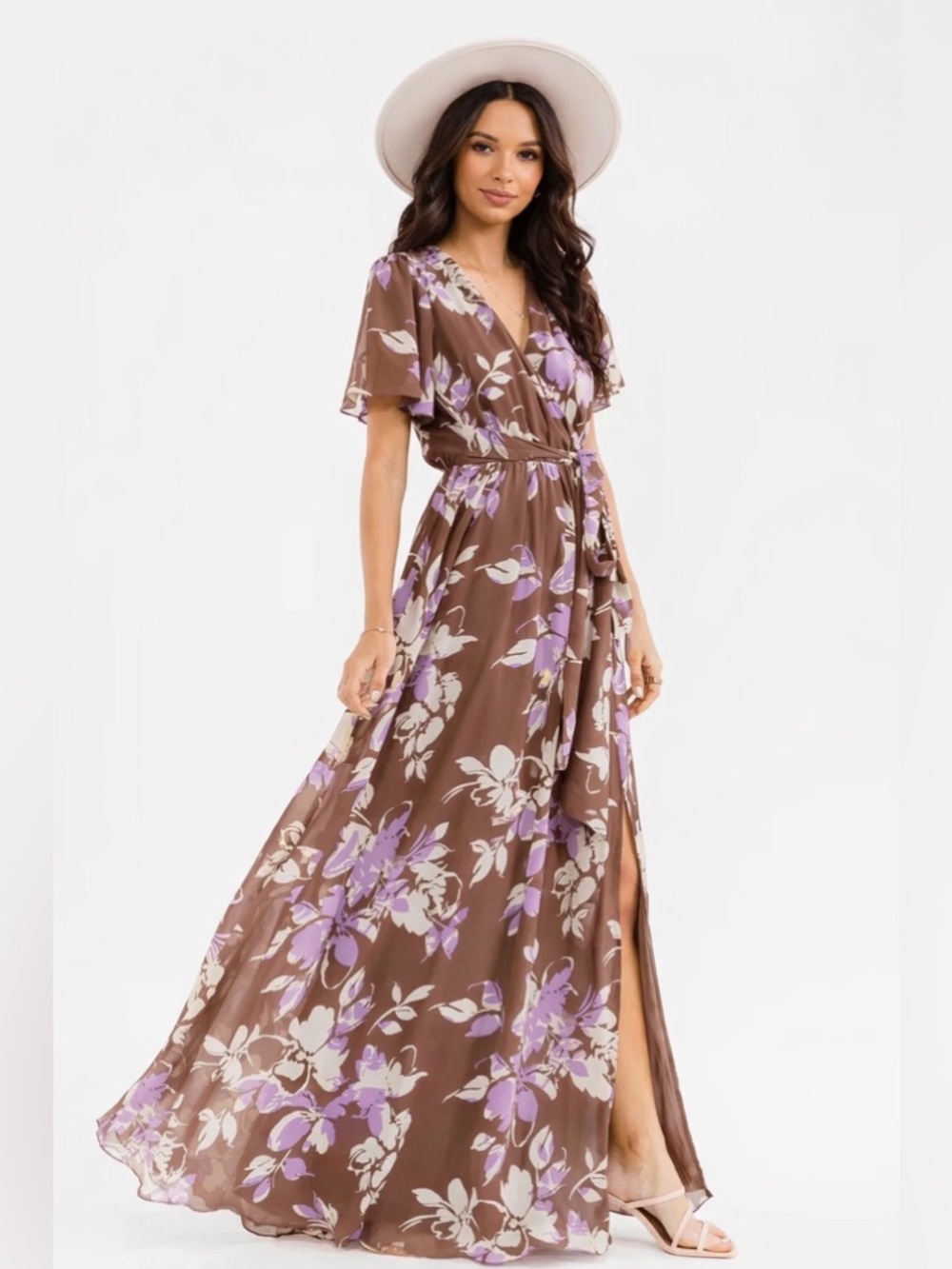 Women’s Brown Floral Maxi Wrap Dress with Lilac Accents